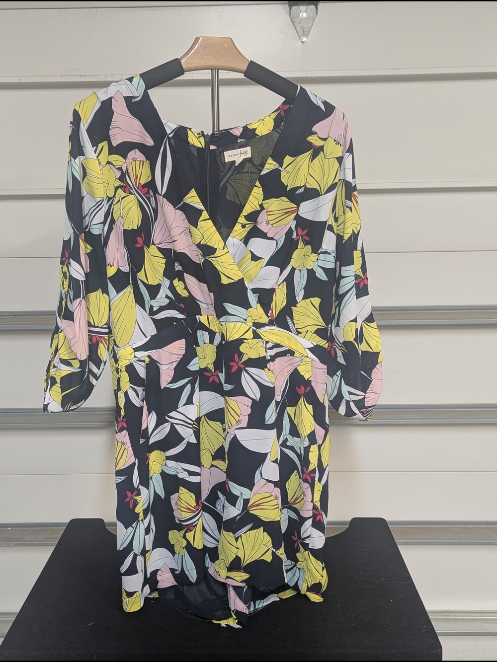 Maison Jules Black Floral Wrap Romper with Yellow and Pink Blooms